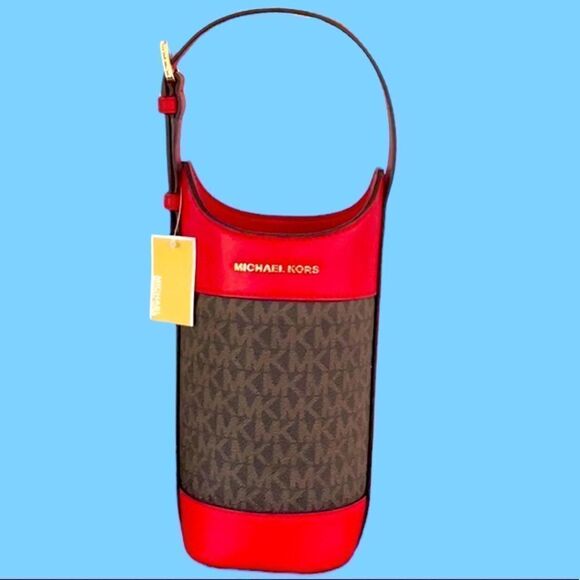 MICHAEL KORS NWT WINE BOTTLE HOLDER FLAME RED LEATHER GIFT IDEA PICNICS - Picture 2 of 6